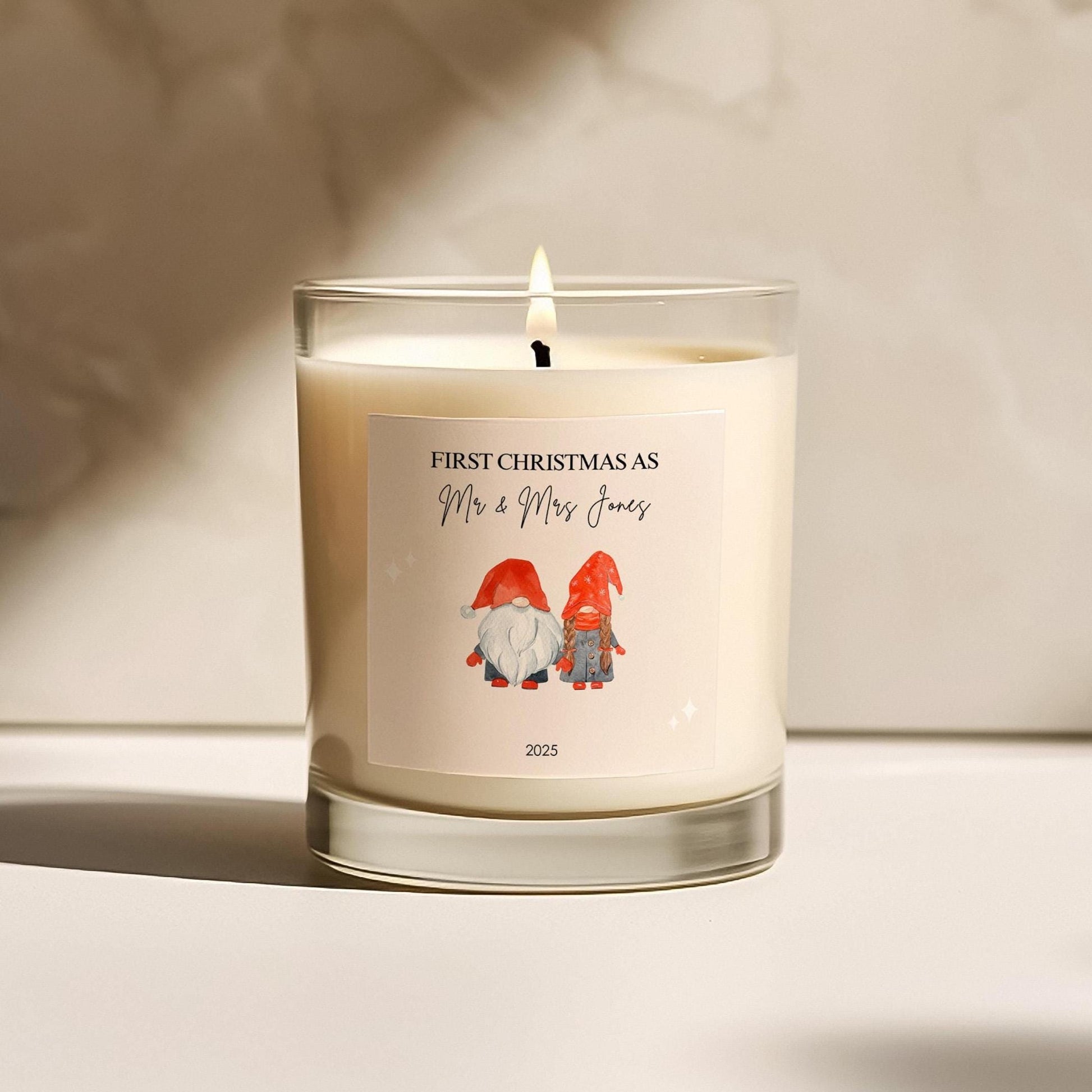Personalised First Christmas as Mr and Mrs Candle | Newlywed Gift | Custom Surname and Date | Soy Wax Candle | Festive Gnome Christmas Gift