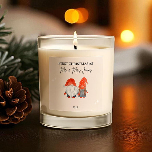 Personalised First Christmas as Mr and Mrs Candle | Newlywed Gift | Custom Surname and Date | Soy Wax Candle | Festive Gnome Christmas Gift