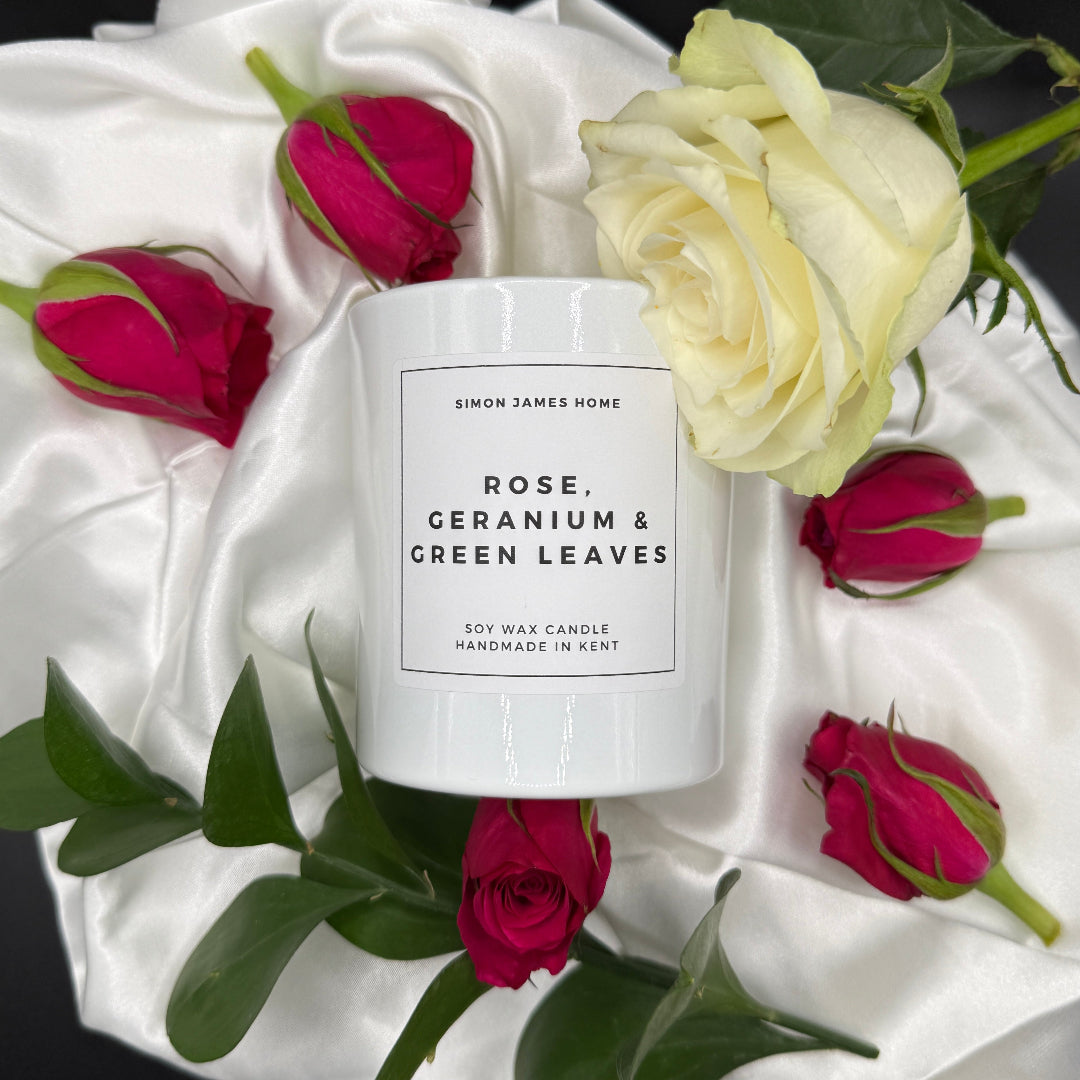 Rose, Geranium & Green Leaves Candle - Handmade Soy Wax - Rose Candle