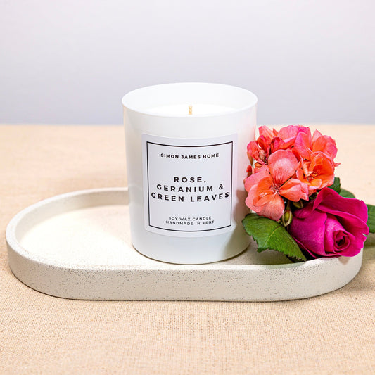 Rose, Geranium & Green Leaves Candle - Handmade Soy Wax - Rose Candle