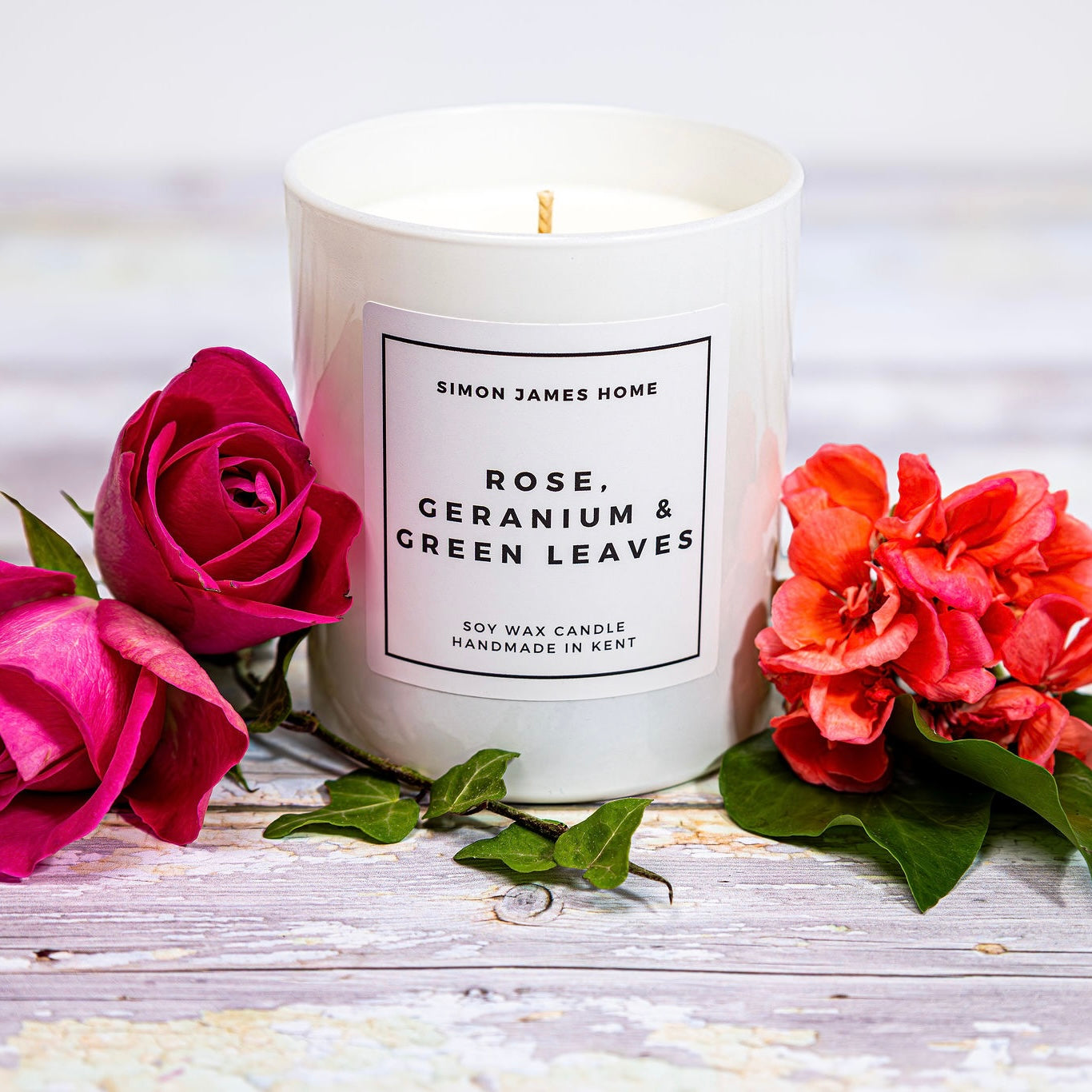 Rose, Geranium & Green Leaves Candle - Handmade Soy Wax - Rose Candle