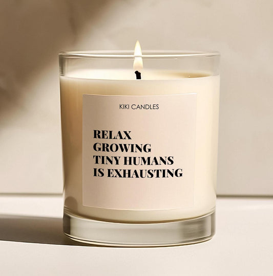 Relax Growing Tiny Human baby shower soy wax candle gift, new mum candle keepsake