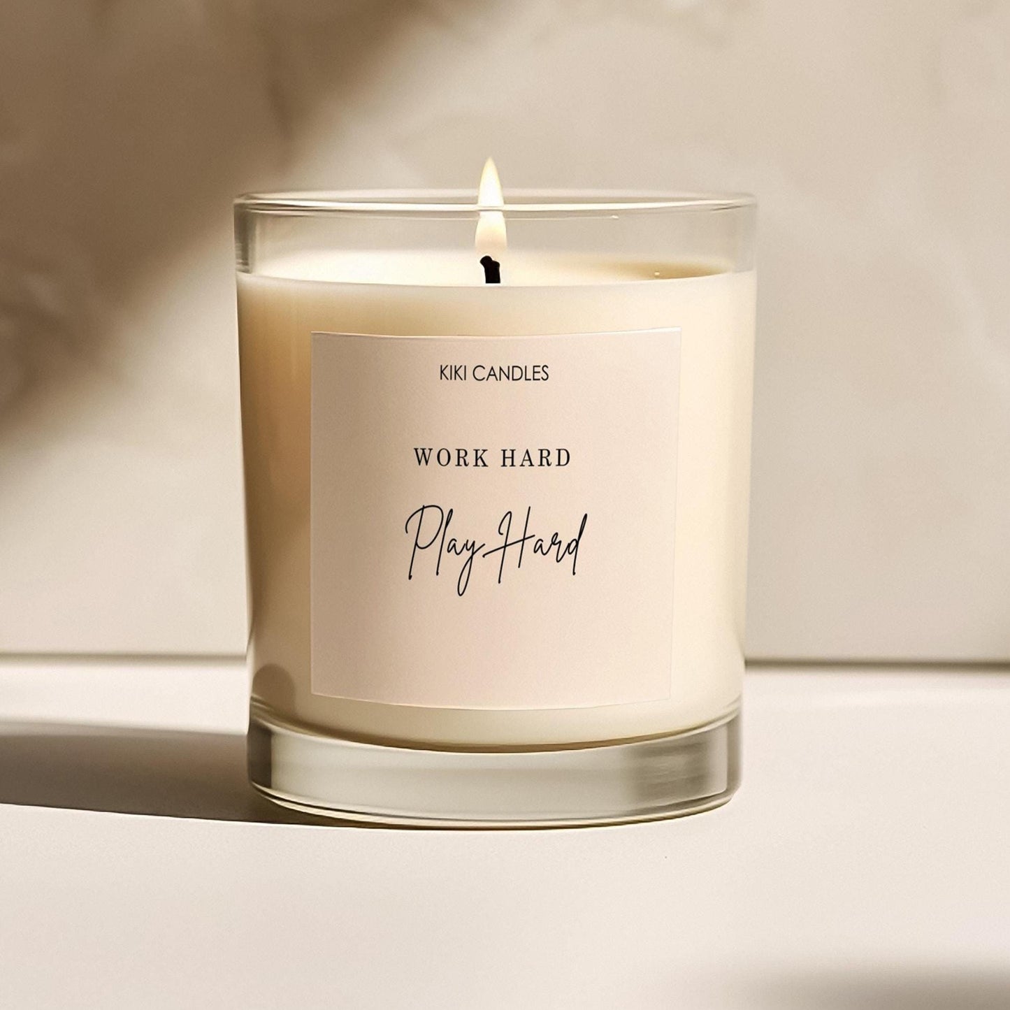 “Work Hard Stay Humble” motivational soy candle – handmade UK gift with positive quote and minimalist design.